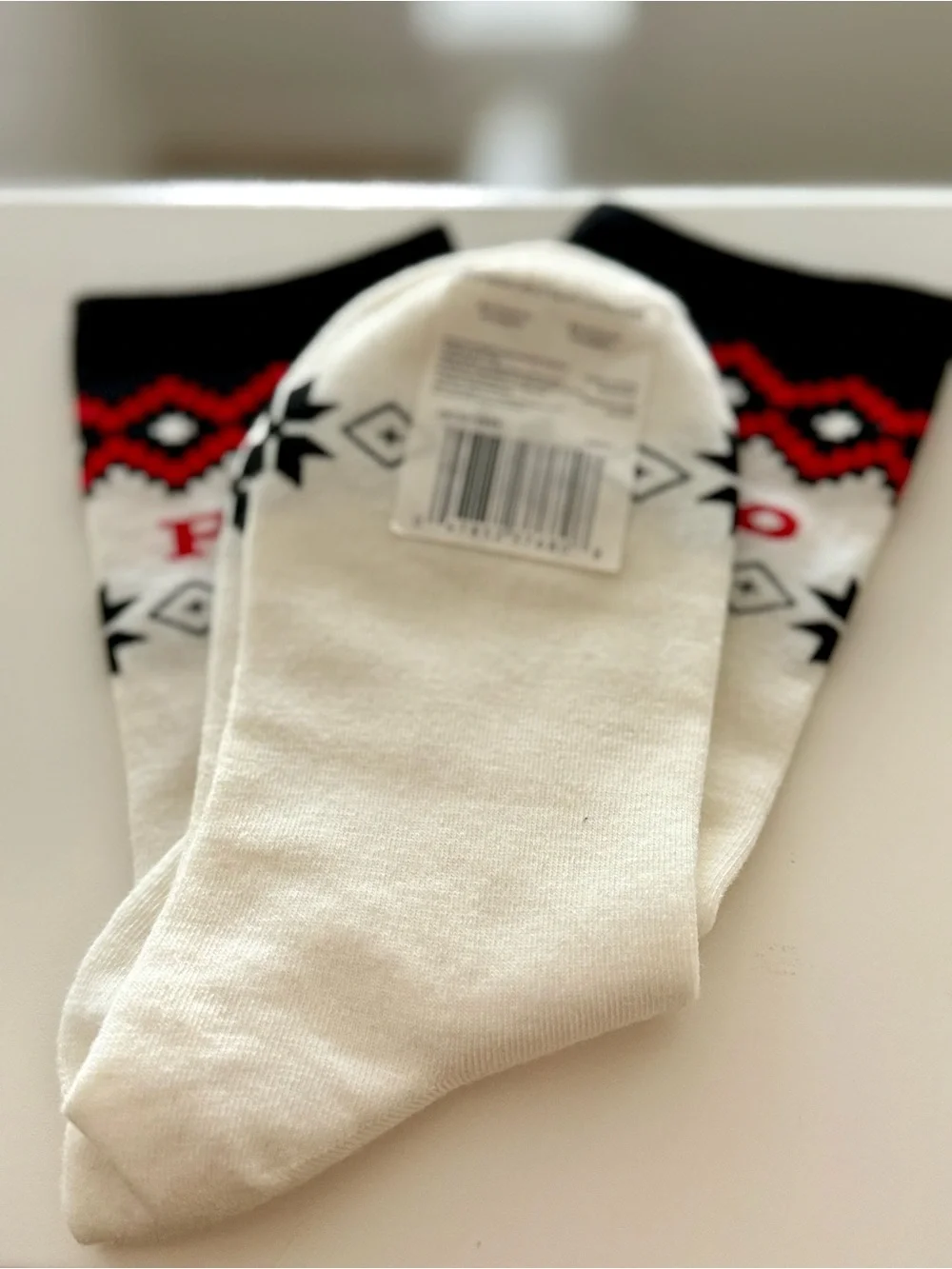 NWT | Polo by Ralph Lauren Cream, Red & Black Patterned Crew Socks | Size 9–11